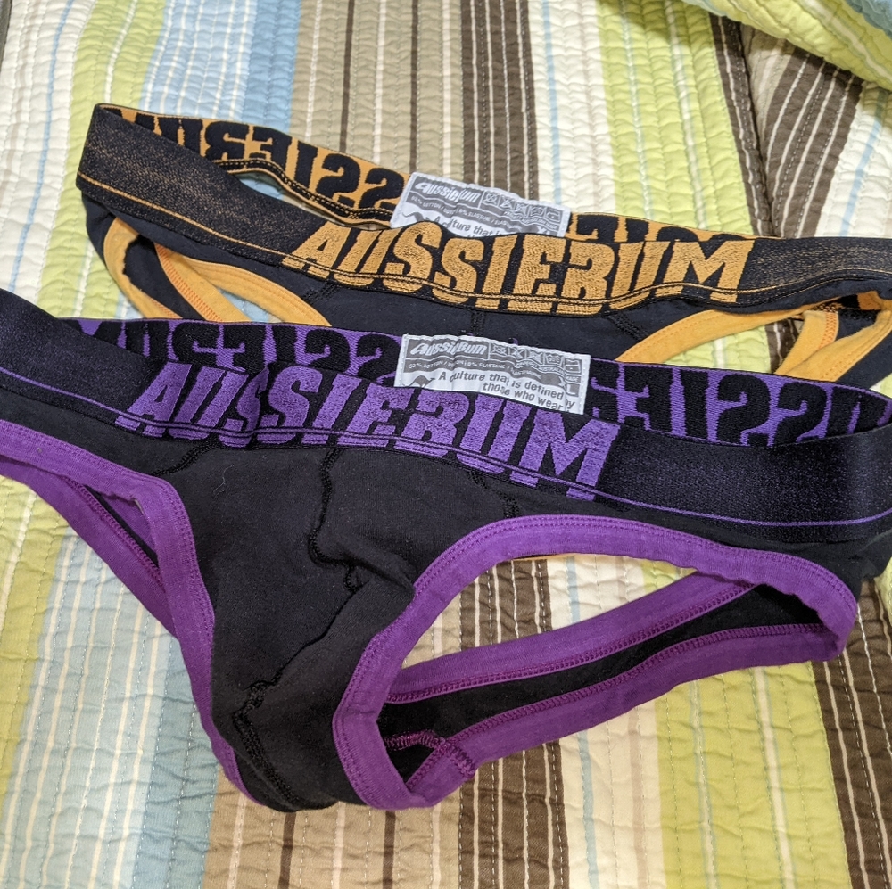 2 Aussiebum Wonderjock size XL Mens Pouch Jockstrap Purple Yellow Jock Underwear